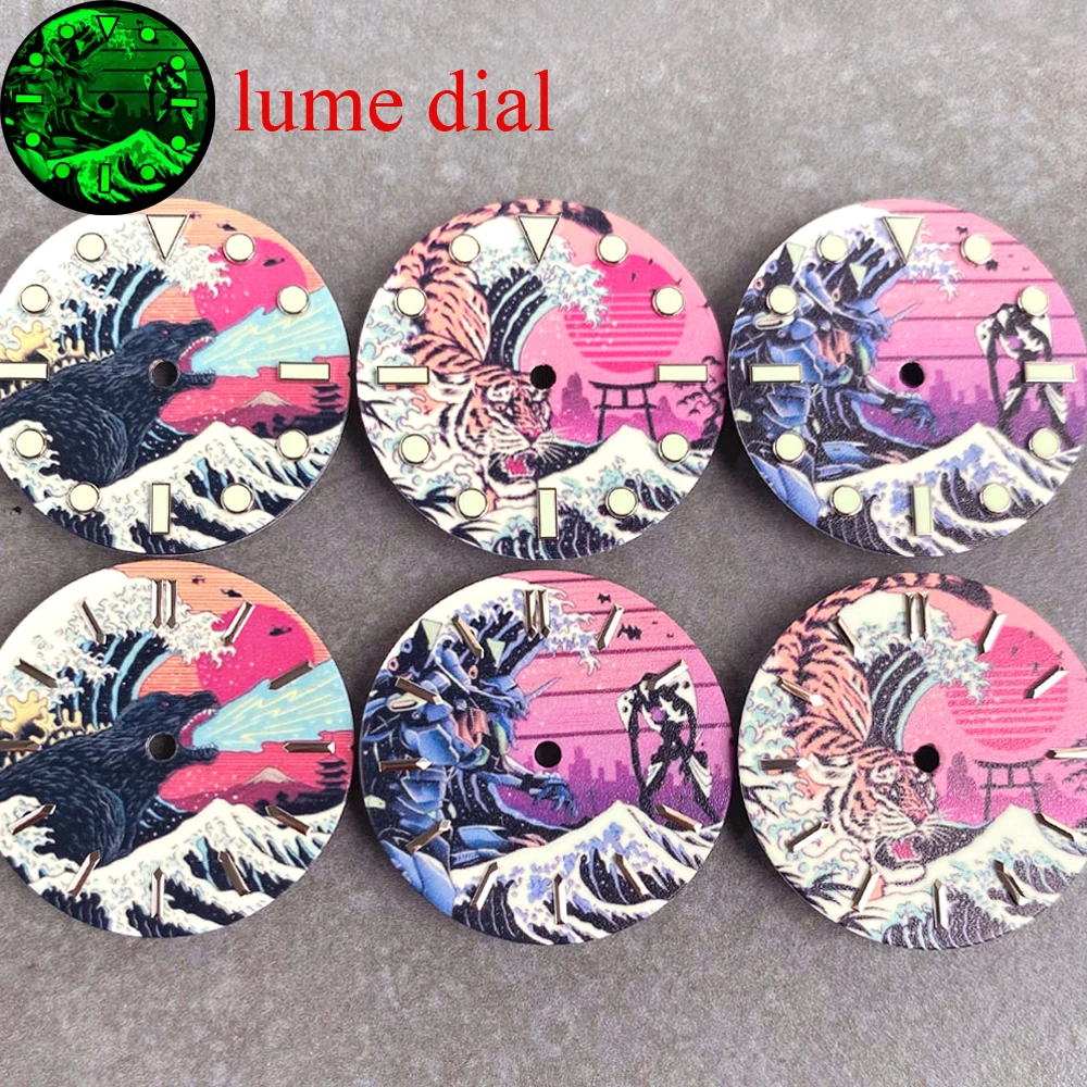 

28,5 мм циферблат, полностью светящийся креативный циферблат для серфинга для часов Kanagawa, циферблат NH35 NH36 NH38 ETA 2824 PT5000, мужские часы с механизмом для дайвинга