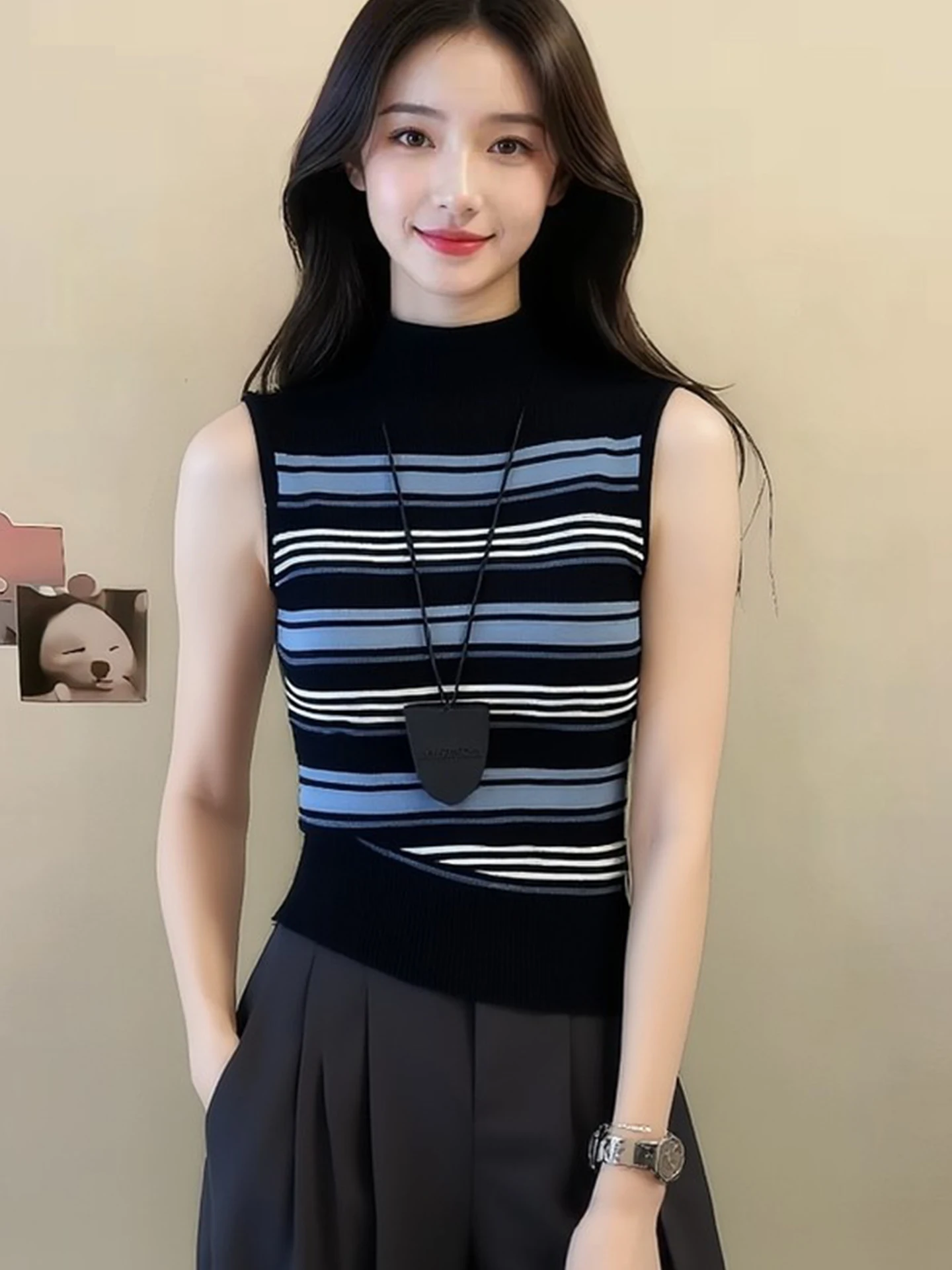 

Sweet Korean Striped Knitted Vest Slim Fit Base Layer Shirt Spring 2026 Inner Wear Slimming Popular Bottoming Top for Women