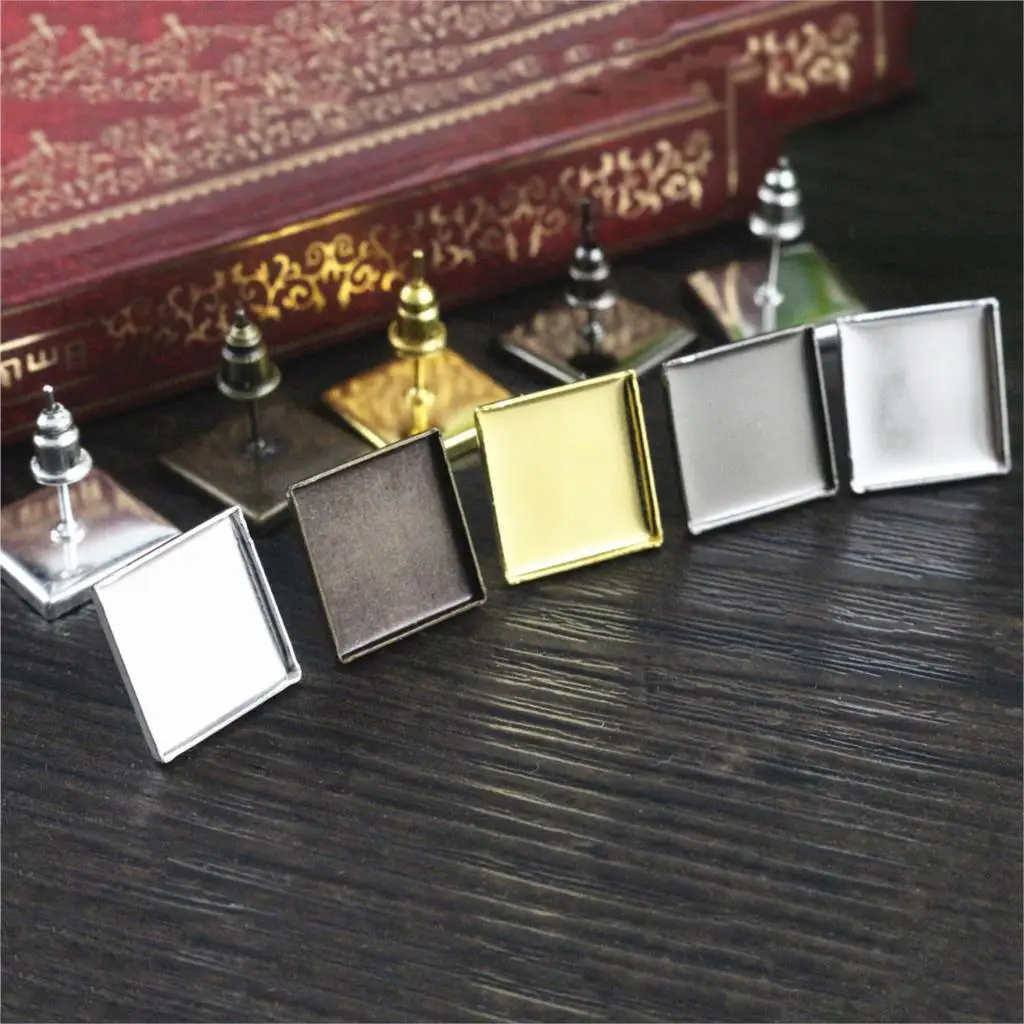 12mm 20 sztuk/partia 7 kolory pozłacane kwadratowy kolczyk szpilki, kolczyki puste/Base, fit 12mm szklane Cabochons, przyciski