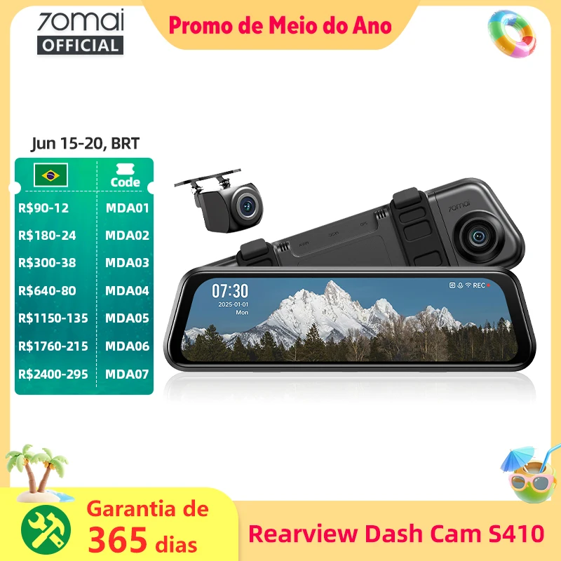 70mai retrovisor traço cam s410 9.35 Polegada tela de toque duplo canal registro hdr 1440p 138 foco 70mai carro dvr s410 supercapatior