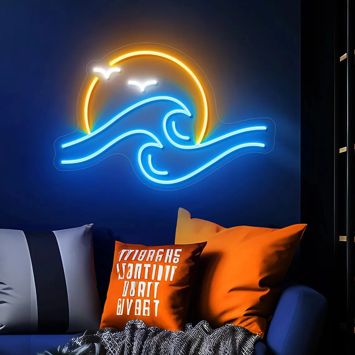 

Светодиодная вывеска с океанской волной, настенная художественная установка, луна по морю, неоновая вывеска на заказ, восход солнца над морем, домашний декор