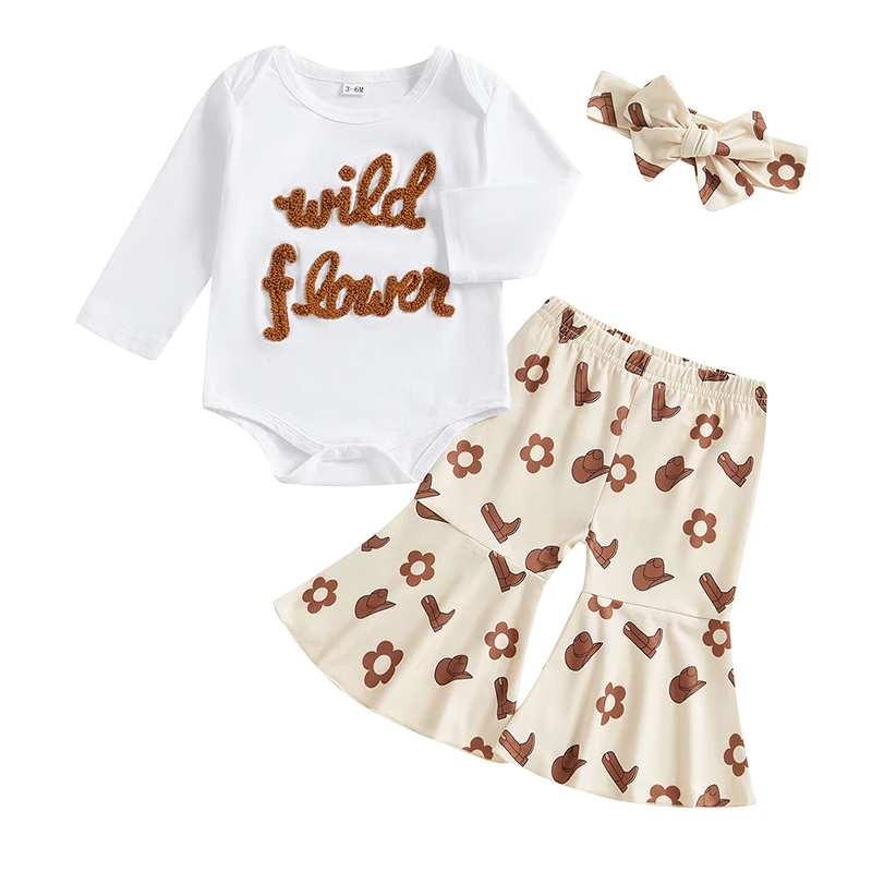 Western Baby Girl 3Pcs Clothes Long Sleeve Wild Flower Print Romper Bell Bottoms Flared Pants Fall Winter Outfits