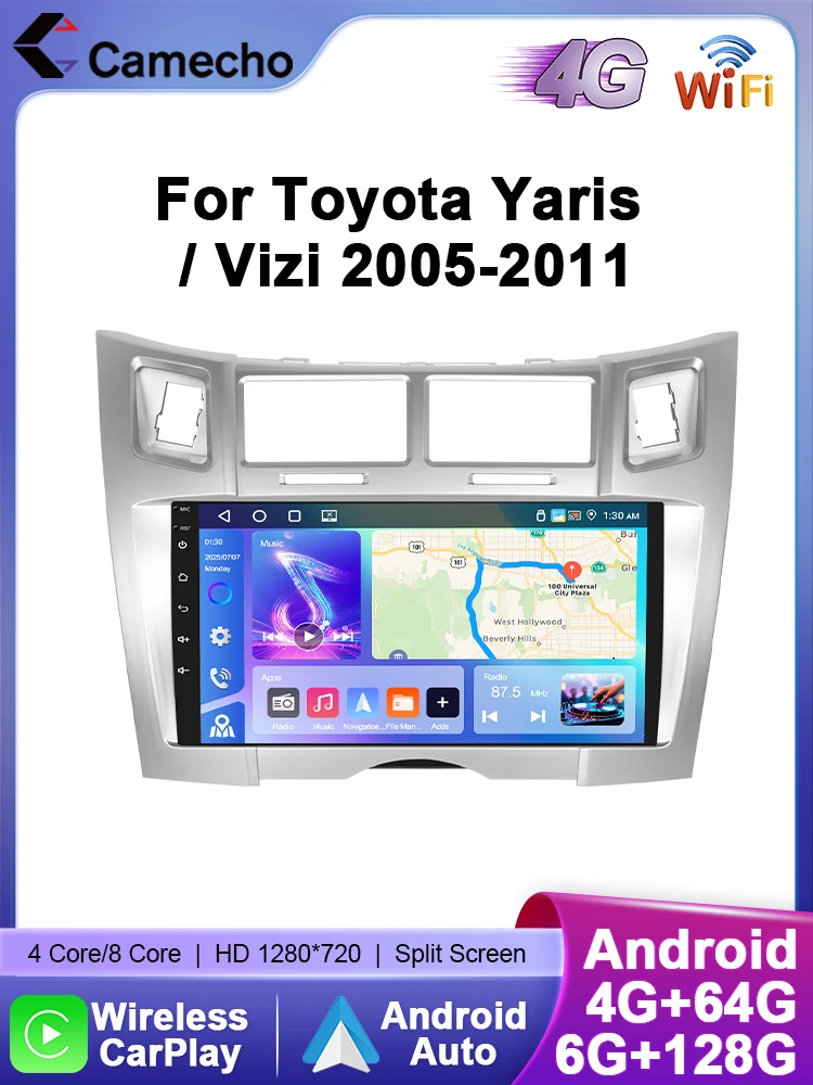 Camecho 6 + 128G Autoradio Draadloze CarPlay Android Auto Voor Toyota Yaris Vizi 2005-2011 Auto intelligente Systeem GPS Stereo 4G WiFi - afbeelding 2