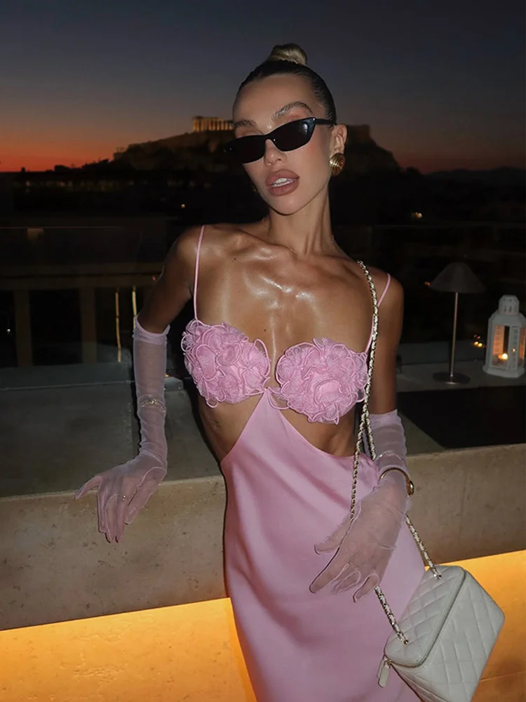 Seksowna, satynowa sukienka na ramiączkach z kwiatami 3D, elegancka, ażurowa, bez rękawów, z odkrytymi plecami, dopasowana, nowa letnia sukienka na plażę, do klubu, na imprezę.