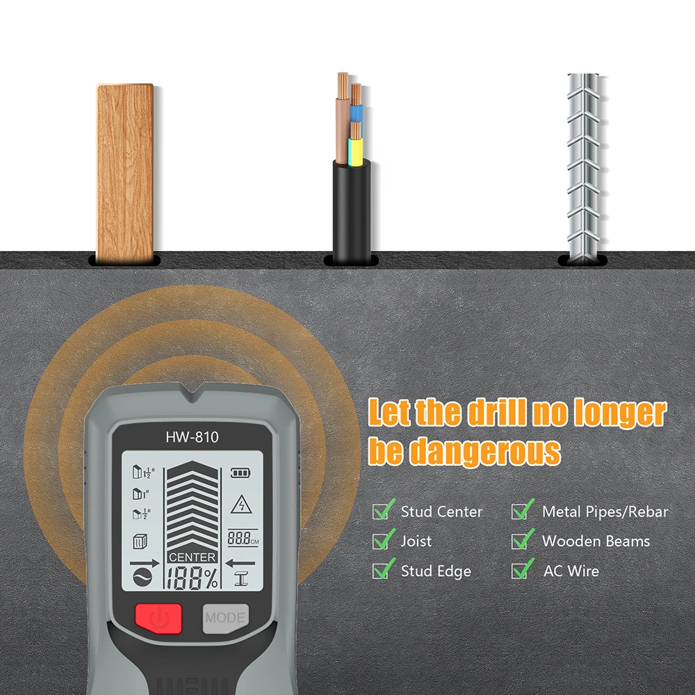 HW-810 6 في 1 مسمار مكتشف الخشب ترصيع كشف المعادن كشف الكابل الحي قياس المعادن مكتشف الجدار كاشف الماسح الضوئي