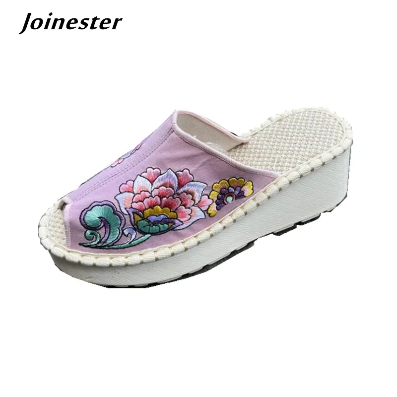 Women Peep Toe Slippers Ethnic Embroidered Wedge Summer Shoes for Female Vintage Pumps Slides for Ladies Casual Mules