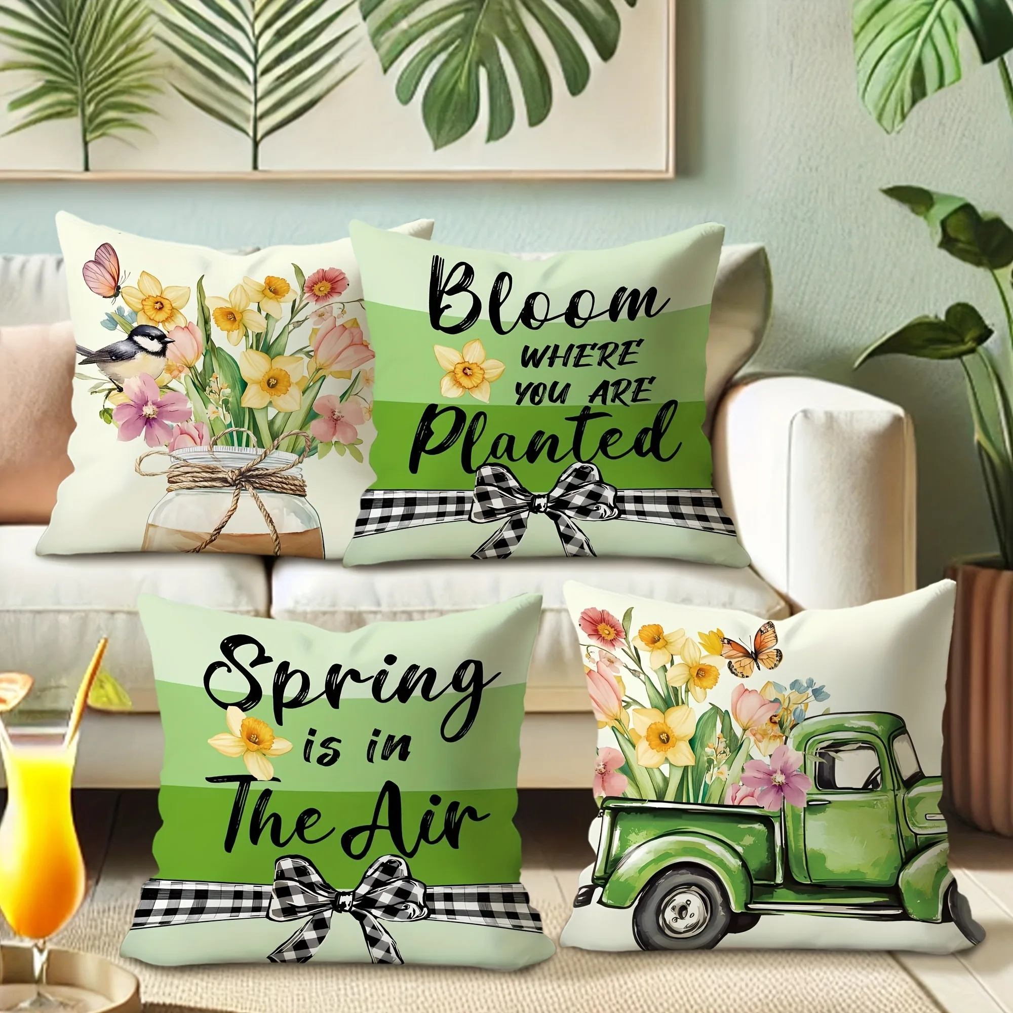 Charming Spring-inspired Pillow Cover: Floral Arrangements, Vintage Truck, and Uplifting Quotes, sofa Chair cushion cover Short