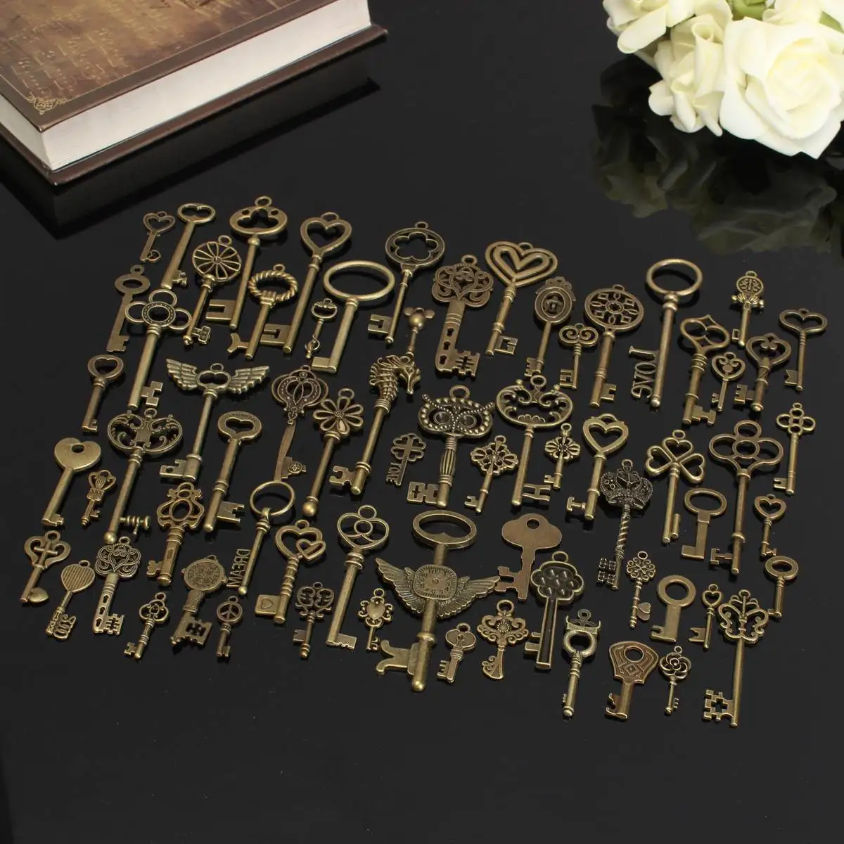 Juego de llaves de esqueleto Vintage de bronce antiguo, accesorios hechos a mano, colgantes de collar, suministros para hacer joyas, 69 piezas