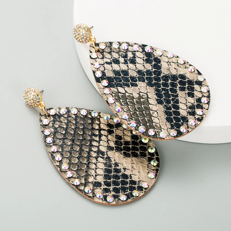 Personalized exaggerated water drop-shaped double-sided printing PU leather snakeskin pattern diamond-encrusted earrings women's