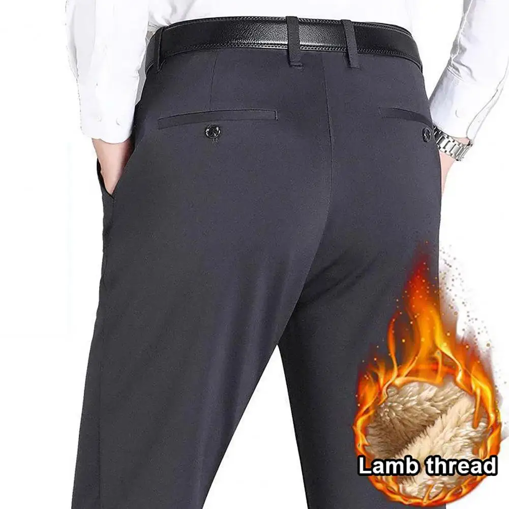 Men Suit Pants Straight Slim Fit High Waist Zipper Closure Men Pants Thickened Plush Warm Pockets Formal Business Men's Trousers