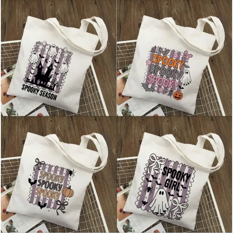 Bolsa de lona de mano púrpura para Halloween con pegatinas de costura, bolsa de almacenamiento de lona hecha a mano, bolso de regalo para fiesta, Navidad y Halloween