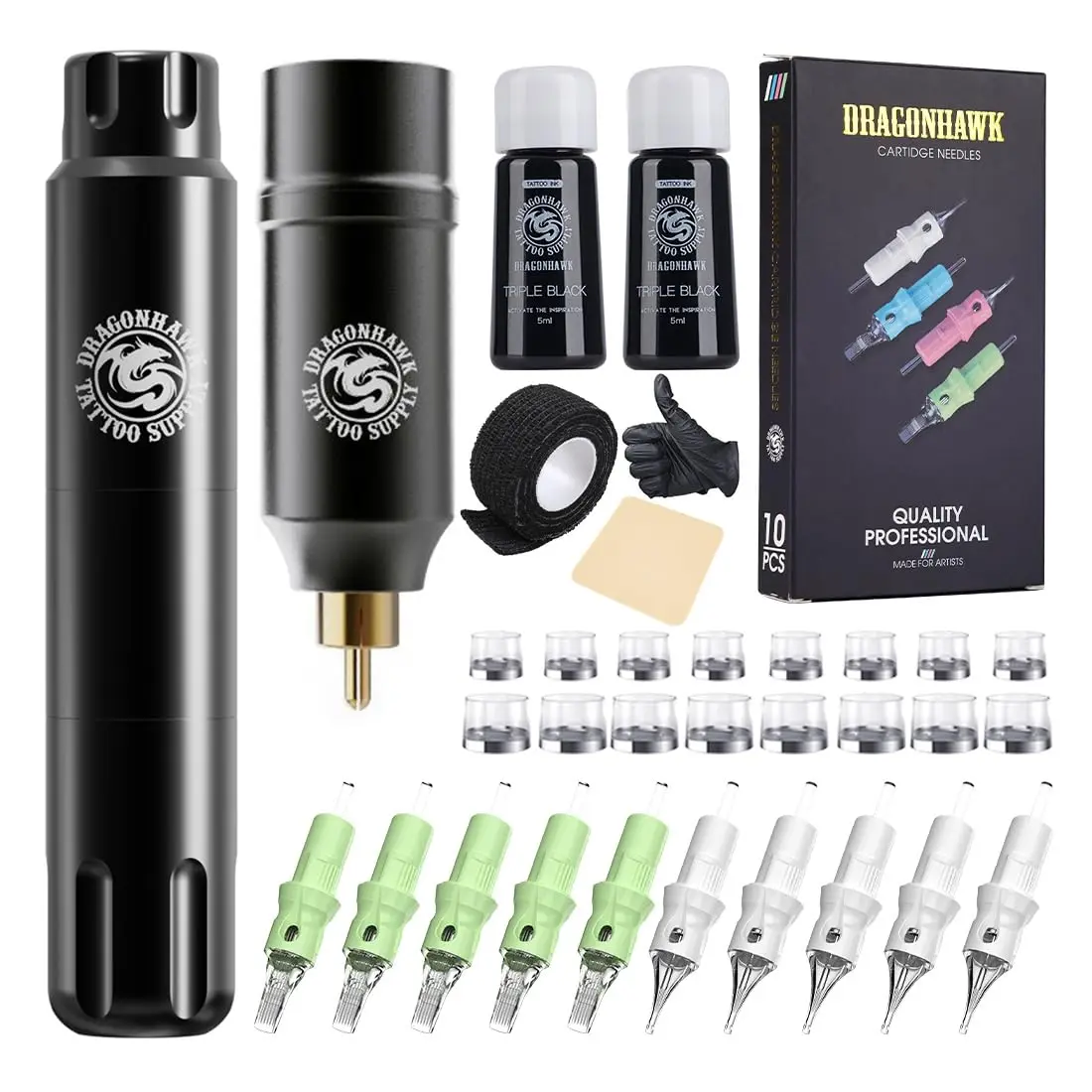 

Dragonhawk S12 Wireless Tattoo Machine Full Kit Rotary Tattoo Gun 3.0mm Stroke Rechargeable Battery10Pcs Cartridges for Beginner