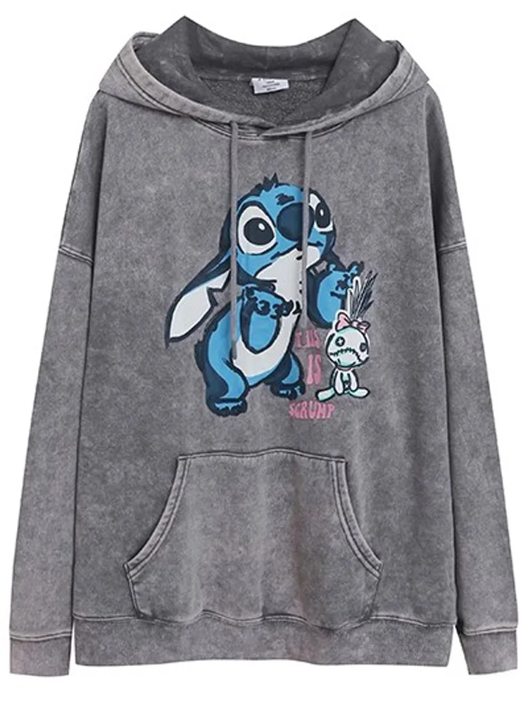 Disney Stitch Little Monster Cartoon Print Distress Washing Jacket Sweatshirt Women Casual Hooded Jumper Tops + Trousers Pants