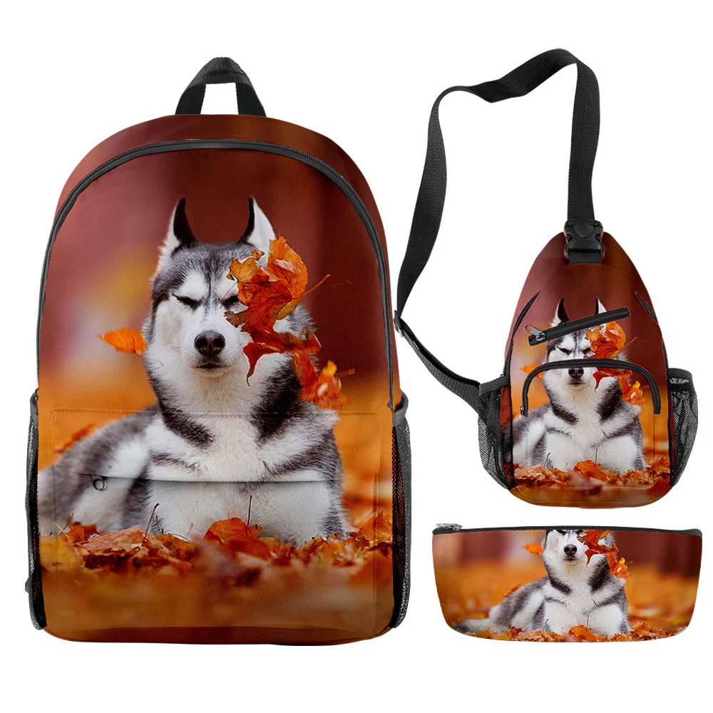 Hip Hop Popular Funny Husky 3D Print 3pcs/Set pupil School Bags Travel Laptop Backpack Chest Bag Pencil Case