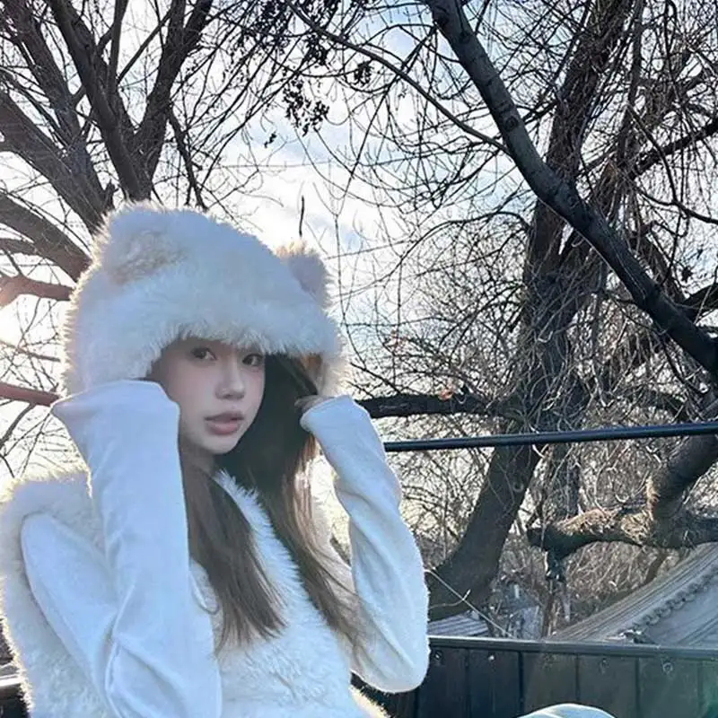 ملابس النساء موضة الشتاء الاتجاه بلون صوف الضأن الإناث لطيف حية فضفاضة مقنعين أكمام الحلو صدرية سترة علوية #4