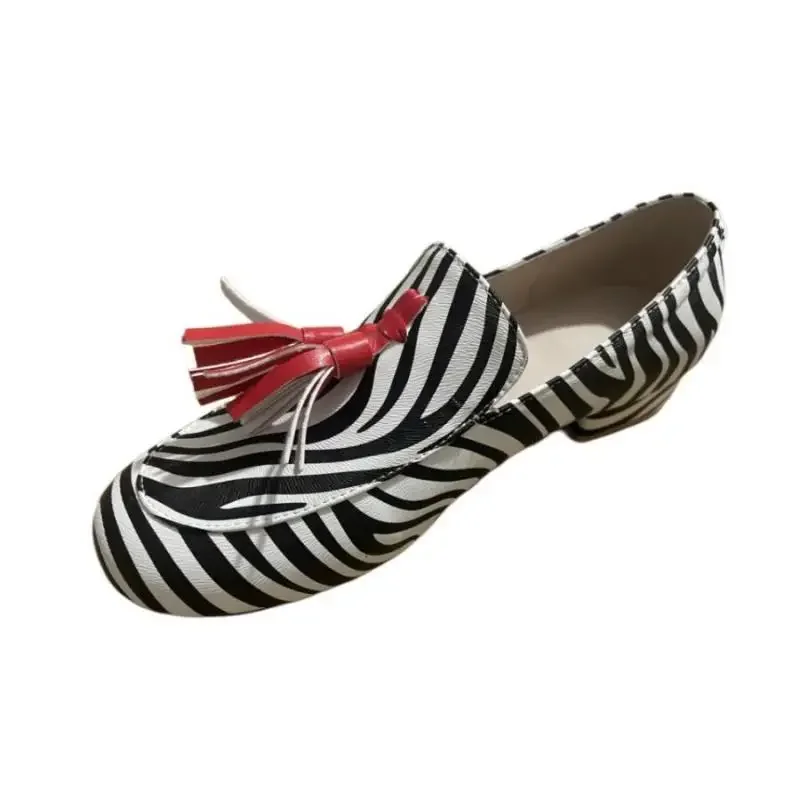 2024 New Women\'s Shoes Spring Autumn Tassel Low Heel Round Head Large 40-43 Shallow Mouth Leopard Pattern Casual Lofers Shoes