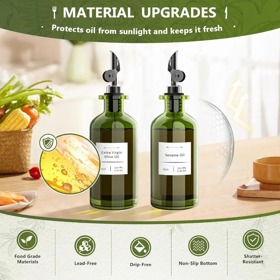 Oliedispenser voor keuken 12oz 350ml Set van 2 extra dikke food grade glazen olijfolie dispenserfles met reinigingsborstelstick