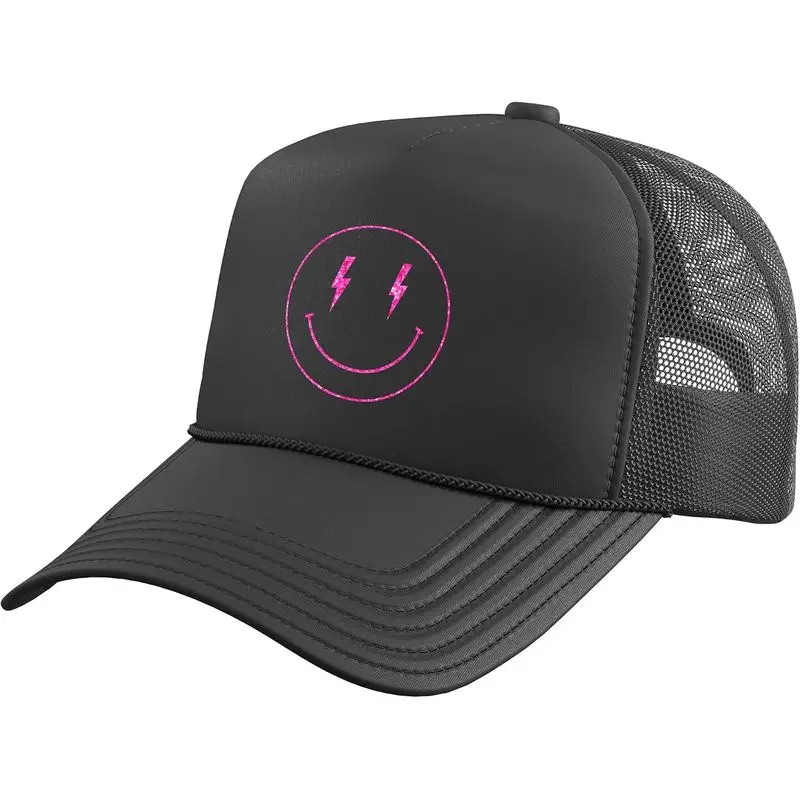Pink Lightening Eyes Smile Face Blue Color Graphic Trucker Hat With Adjustable Mesh Back