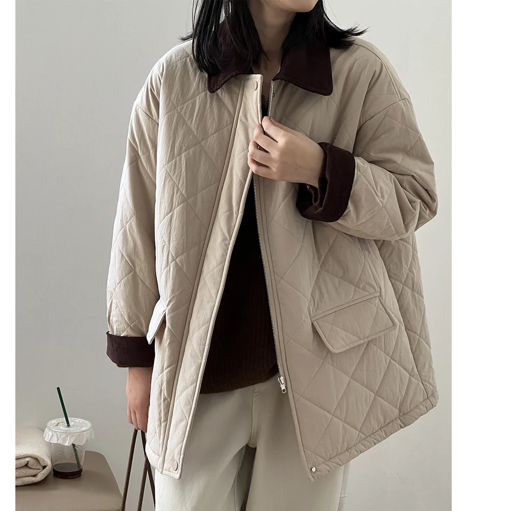 2024 Women Winter Cotton Down Coat Long Sleeve Turn Down Collar Corduroy Patchwork Coat Women Tops Jacket Coat Casaco Feminino