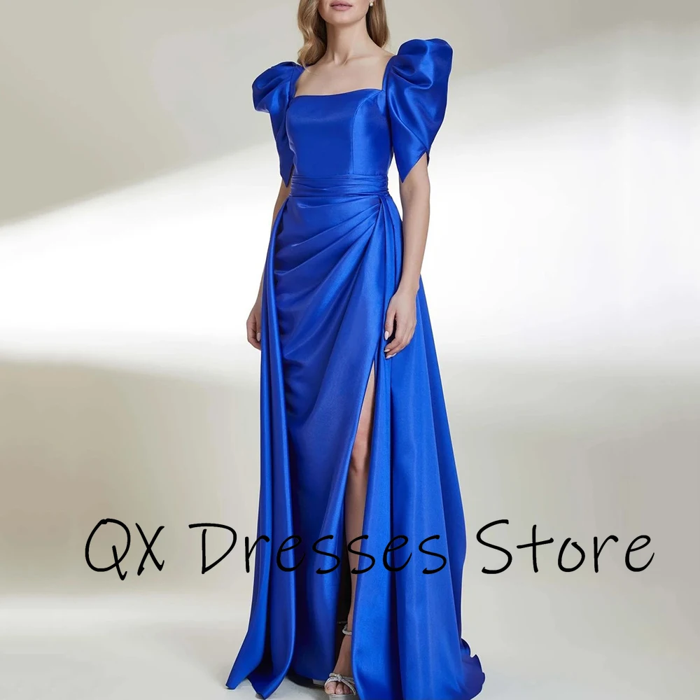 Yipeisha Simple Blue Satin Pleat Evening Gowns Suqare Collar Short Sleeves Draped Front Split Sexy Floor Length Party Prom Dress