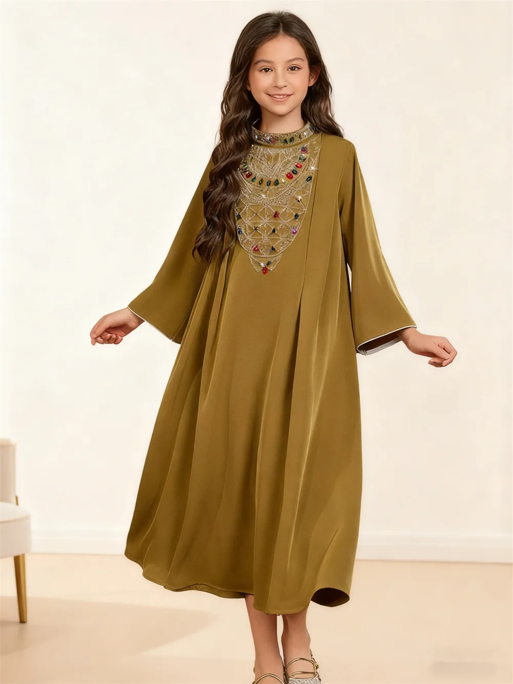 

Модное платье макси для девочек с бриллиантами Джалабия Ближний Восток Дубай Дети Абая Турция Кафтан Детская исламская одежда Марокко Кафтан Ид