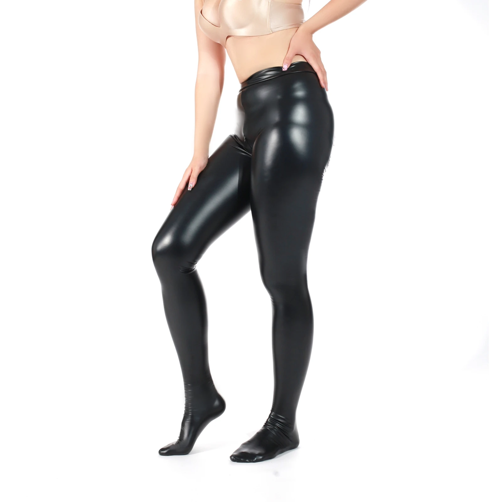 Ftshist Women's Latex Coating Pantyhose Open Crotch Zipper Black Matte Faux Leather Sexy High Waist Stretch Fetish Stockings