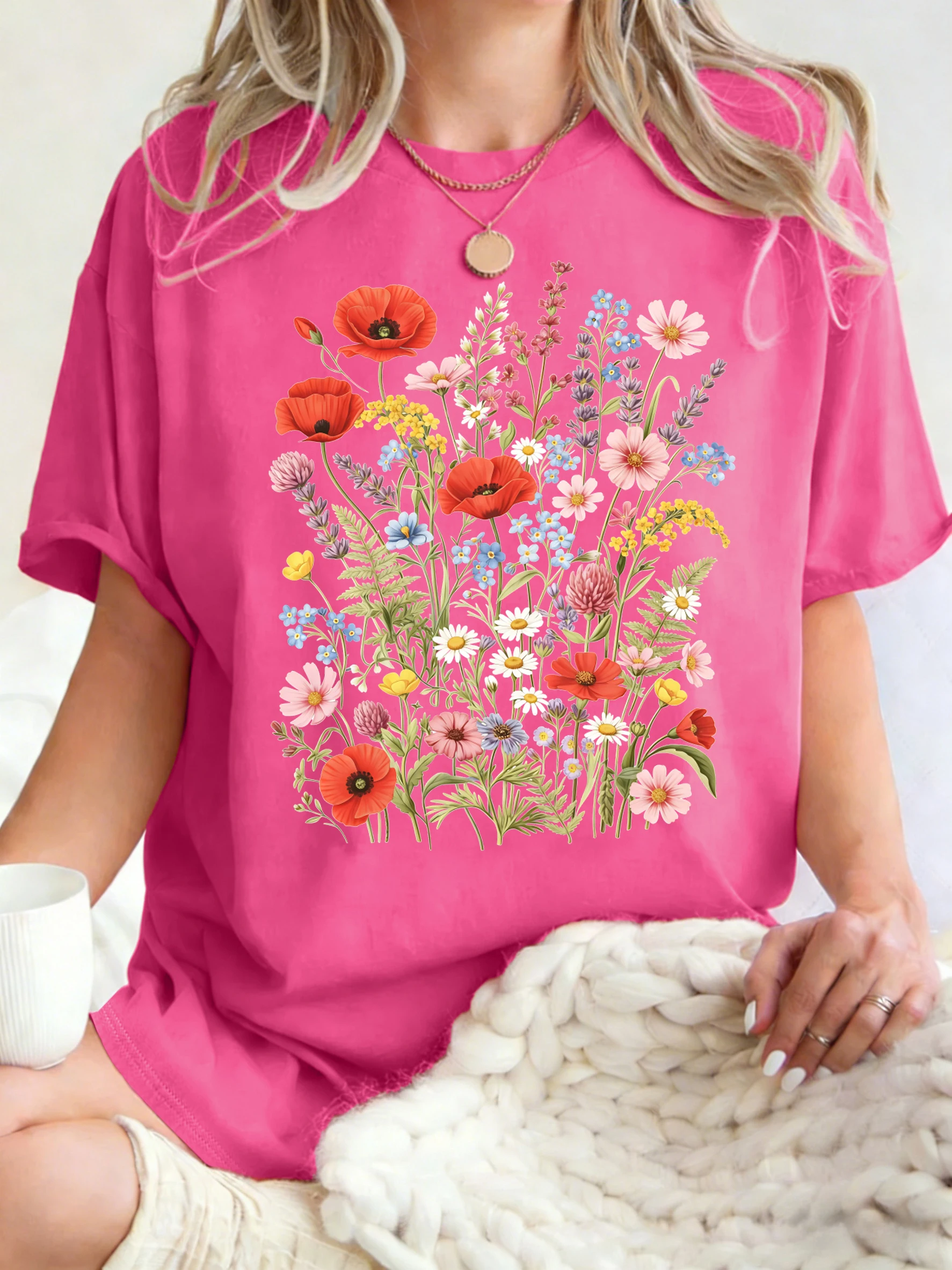 Aquarell-Stil Wildblumen Blumencluster Druck Damen T-Shirt O-Ausschnitt Baumwolle Streetwear Lässige Lockere Kleidung Sommer T-Shirt