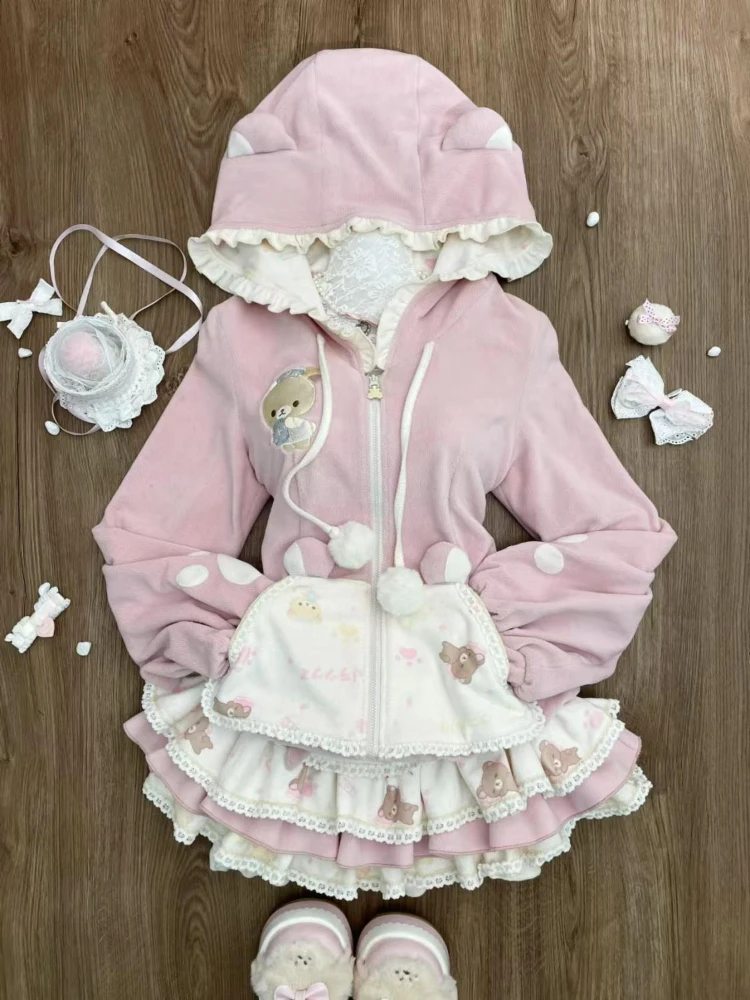 Korean Pink College Style Sweet Two Piece Sets Women Hooded Bear Coat + Cake Skirt New Design Fashion Winter Cute Harajuku Suits