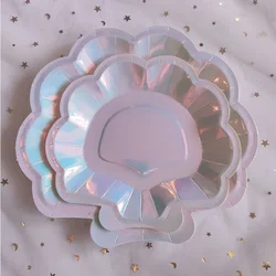 36Pc Iridescent  Sparkle Shell Princess Party Supplies Decor Cake Dish Disposable Paper Plates Unicorn Mermaid Bride Favors7