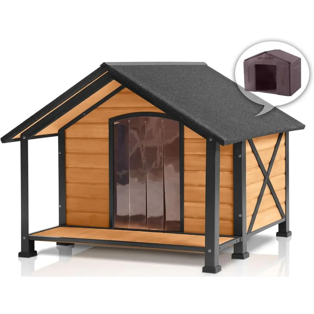 

Insulated Outdoor Dog House - Large, All-Weather, Iron & Wood Construction, Suitable for Medium Breeds