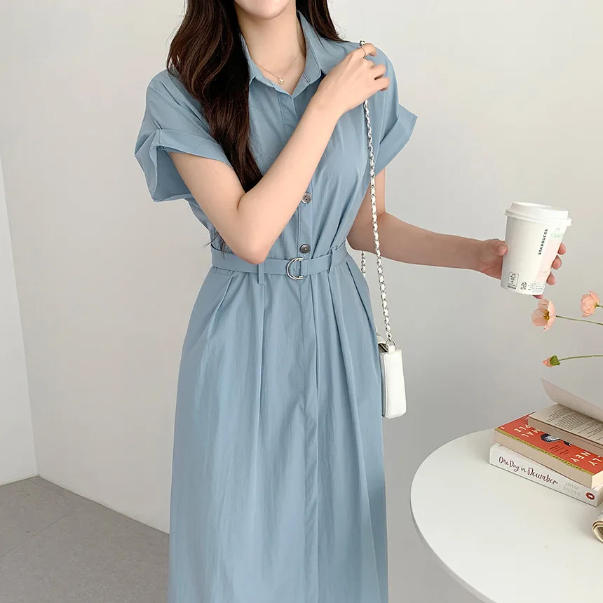 Women's Summer New Lace Up Short Sleeved Long Shirt Dress