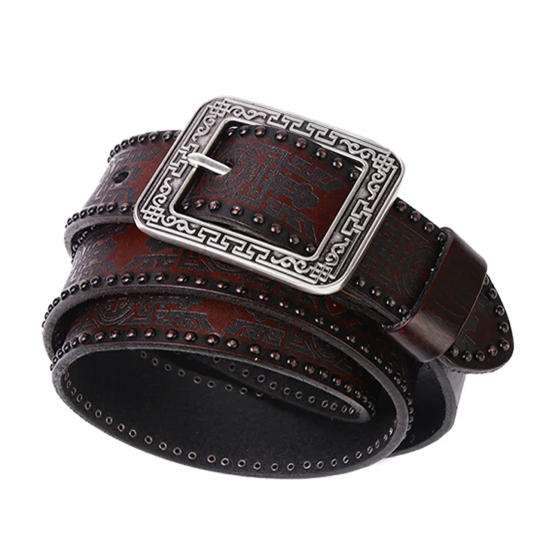 New laser carved men's belt retro rivets casual leather belt vintage women's ethnic neutral belt belts for men