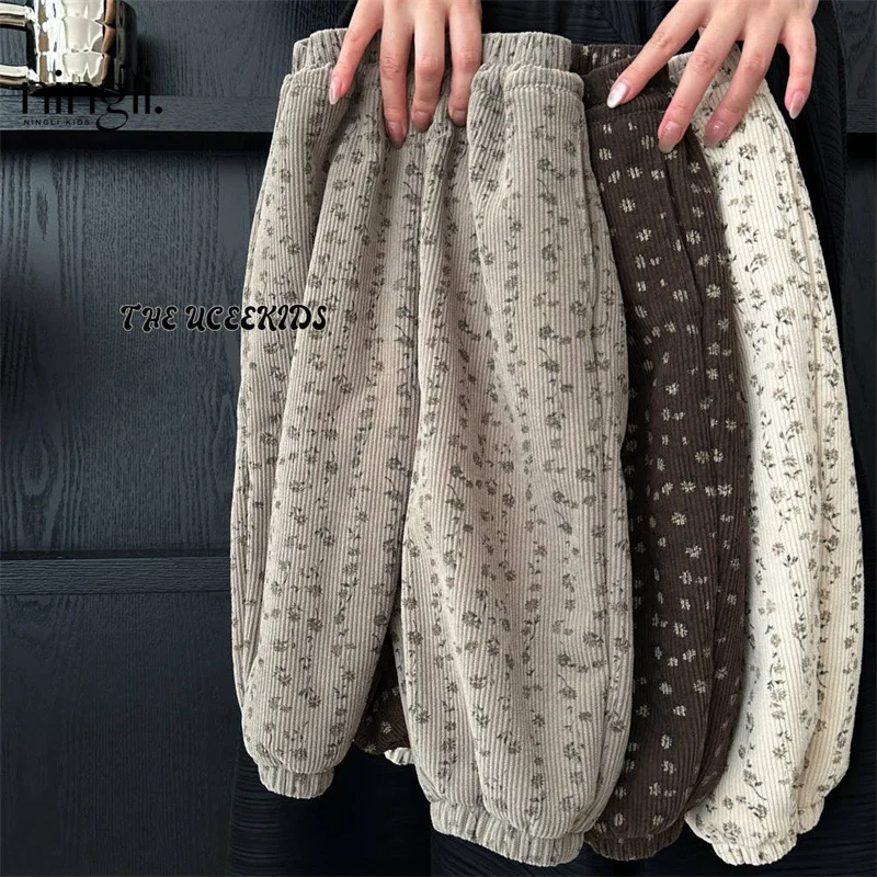 Baby Girl Velvet Pants Winter New Girls Thickened Integrated Velvet Floral Winter Wear Loose Bloomers Warm All-match