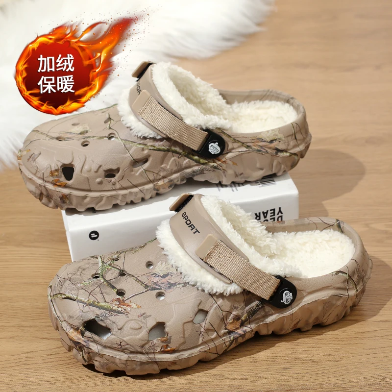 

Winter Garden Clogs Men Warm Slippers Plush Fur Sandals Fur Slides Couples Concise Home Cotton Shoes Outdoor Fluffy Slides