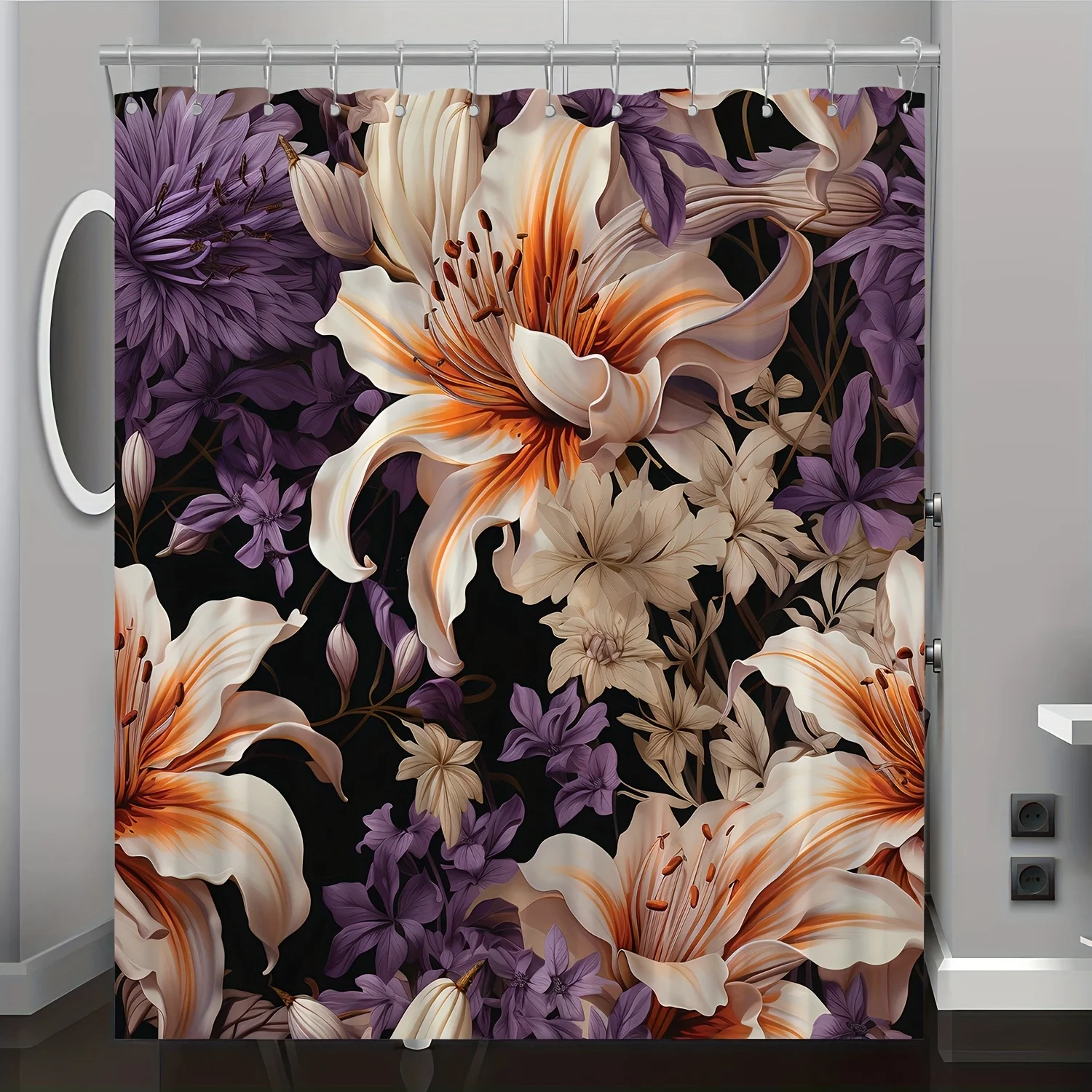 

1pc Spring and Summer Floral Pattern Digital Print Shower Curtain, Bathroom Home Decor with Free Hooks, Machine Washable