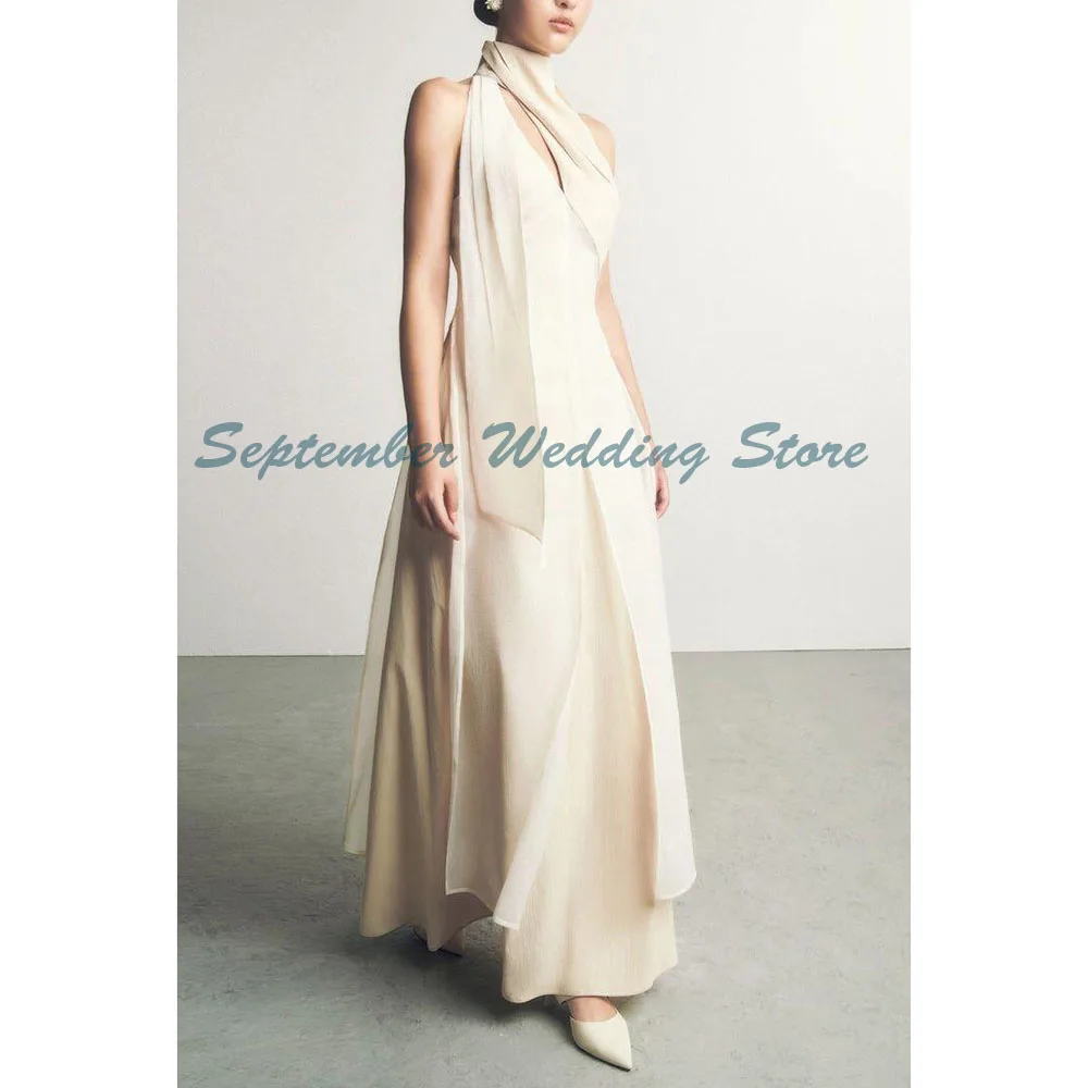 

Elagant Biege Evening Dresses High Neck Sleeveless High Quality Floor Length Sweep Train A Line Female Gowns Simple Classic