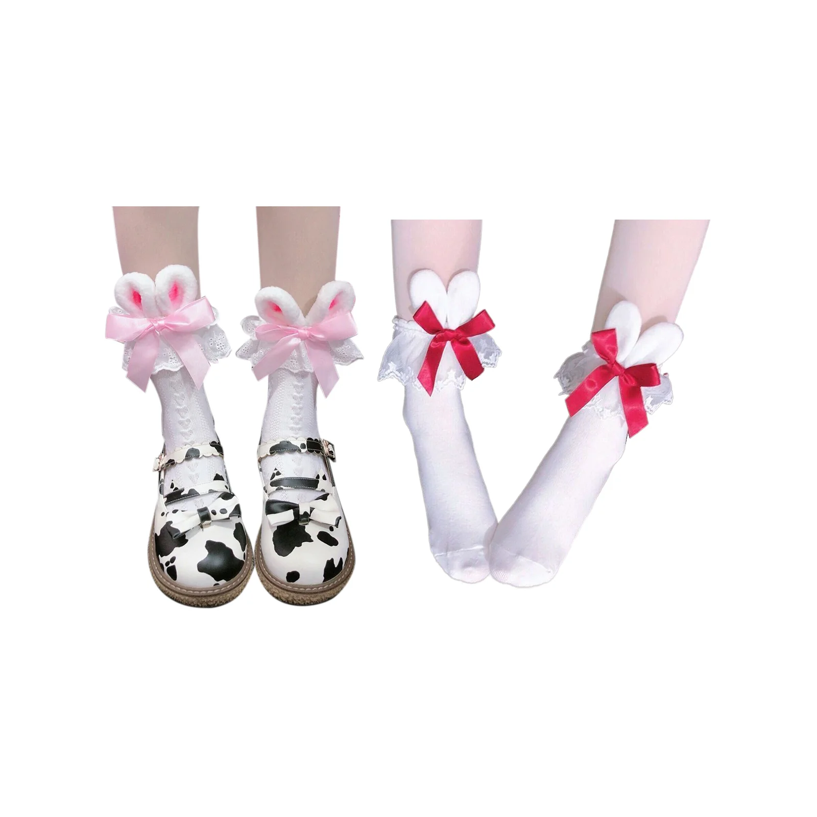 

Милые носки до середины икры в стиле Лолита с объемными ушками кролика, по одной паре каждого цвета: розового и красного.