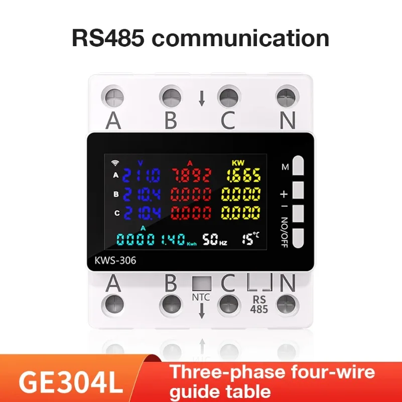 

85-290V WiFi Power Meter KWS-306WF Digital Energy Tester Current Voltage Protector Relay Switch Color Screen 3P Guide Rail Table