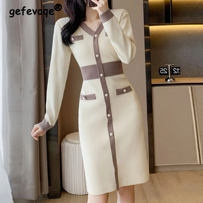 Women Korean Fashion Patchwork High Waist Elegant Party Knitted Dresses Autumn Winter V Neck Long Sleeve Slim Midi Dress Vestido