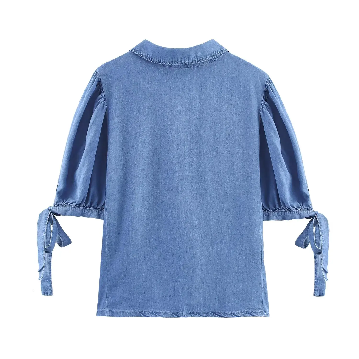 Women's Blue Denim Shirt with Bowknot Short Sleeves Loose Fit Single Breasted Blouse