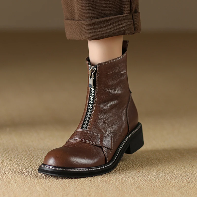 

Women's Retro Ankle BootsCowhide Shoes Spring Autumn Front Zip Ankle Boots Thick Heel Botas British Style Winter Shoes Woman