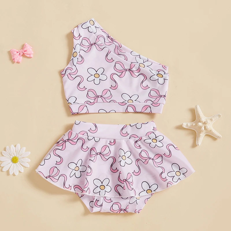 Adorable Toddler Girls Two Piece Swimsuits with Sleeveless Bow Print Tank Top and Bikini Bottom Set - Cute Summer Bathing