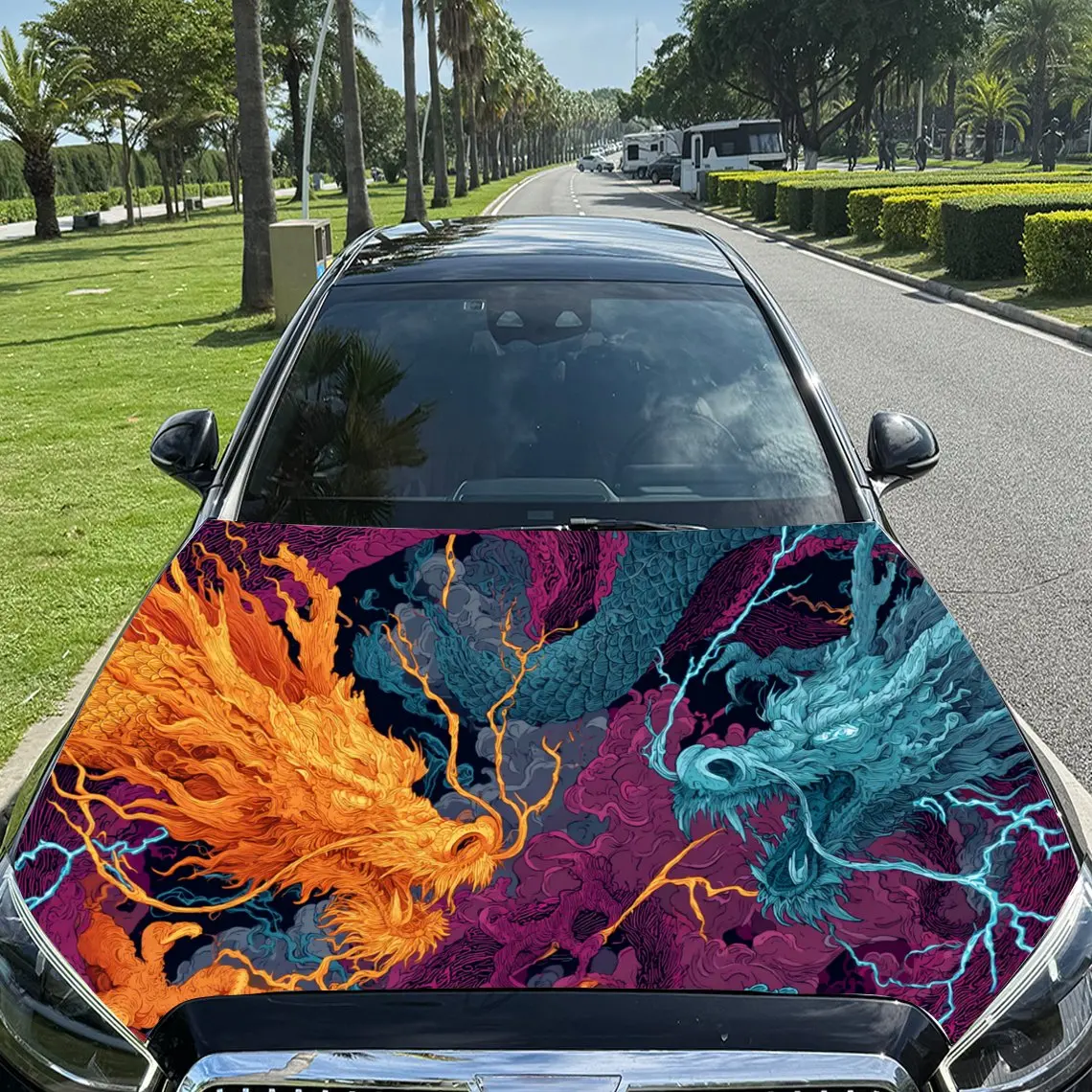 

Car Decal Orange and Blue Dragon Pair with Purple Artistic Background & Mystic-Ethereal Aesthetic Car Hood Sticker, Waterproof S