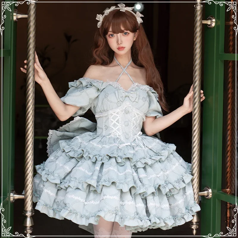 French Romantic Style Lolita Op Elegant Girl Cosplay Princess Puff Sleeve Ribbon Bowknot Flower Tunic Mesh Fantastic Fairy Dress