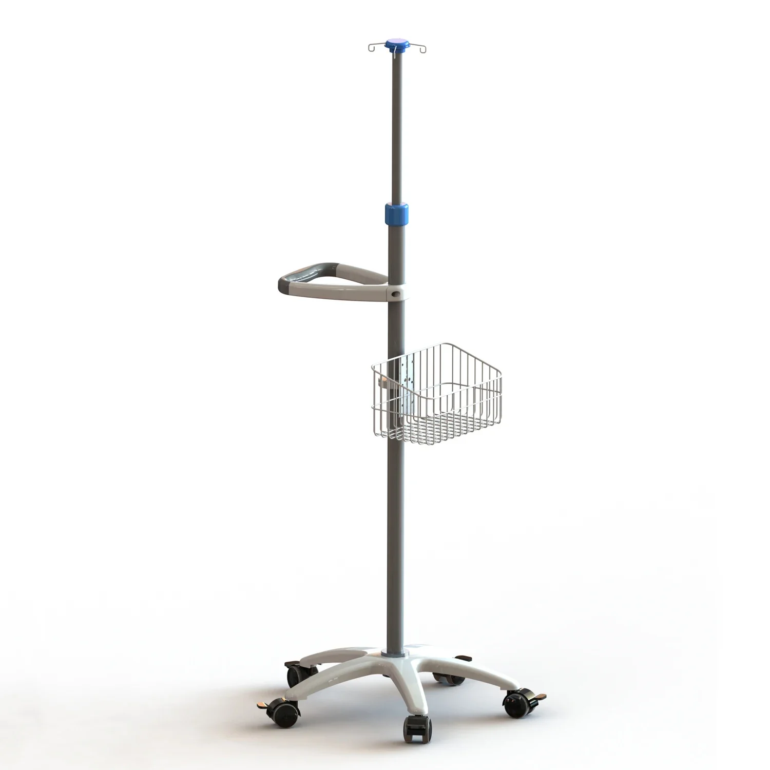 Medical Aluminum alloy five-star base stainless steel height-adjustable  trolley cart with basket.