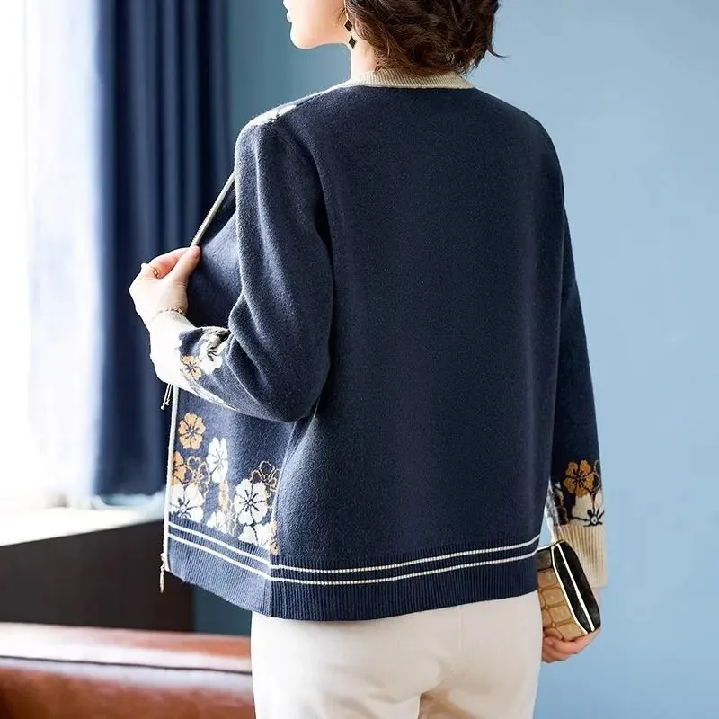2026 Spring New Women's Fashion Short Coat Sweater Middle-aged Elderly Female Temperament Cardigan Knitwear Plus Size Jacket
