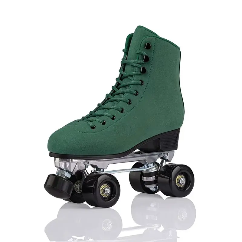 Adult Green Double-row Roller Skates Shoes Adjustable Brake Metal Bracket For Beginners Aluminum Alloy Base 4 Wheels Size 35-44