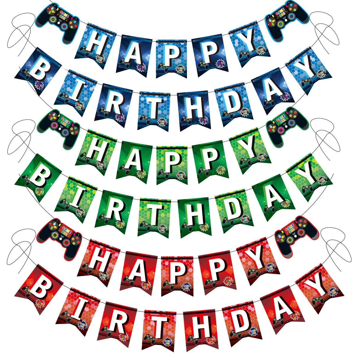Gamepad Birthday Pull Flag GAME ON theme Happy Birthday Party Children Holiday Gift Decorated Banner Blue Game Dpiral Ribbon