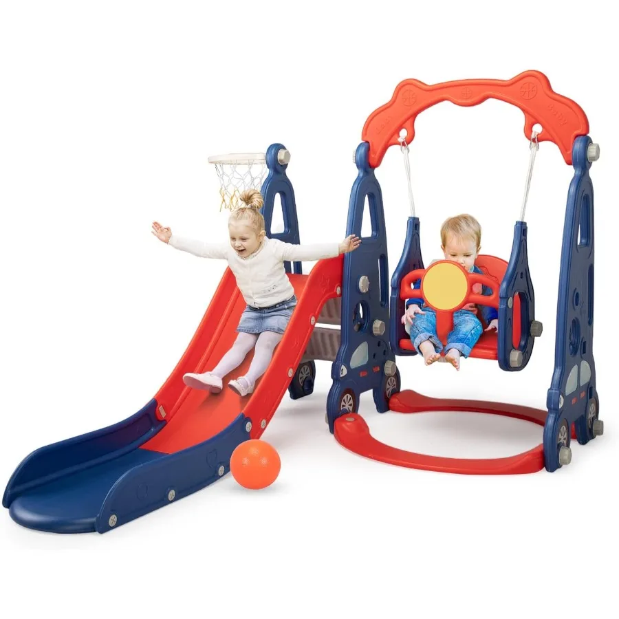 

4 in 1 Slide Climber Swing Set Freestanding Toddler Slide Climber Playset with Basketball Hoop Toddler Playground Indoor Outdoo