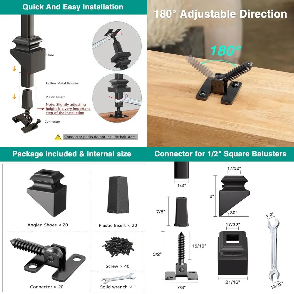 

20P Adjustable Height & Angle Stainless Steel Balusters with Angled Shoes for 1/2 Hollow Deck Stair Railing